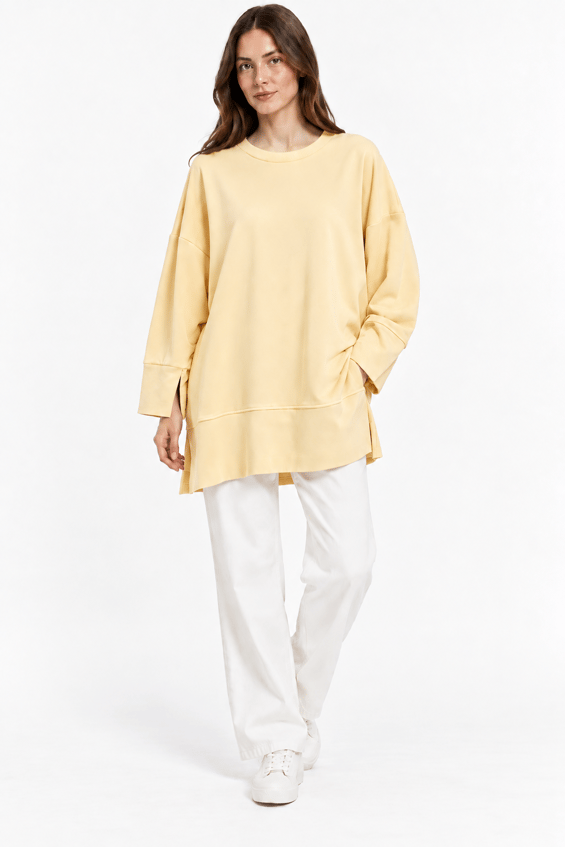 Örme Kol ve Yırtmaç Detaylı Tunik Sweatshirt-Sarı