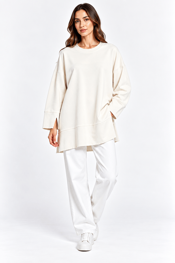 Örme Kol ve Yırtmaç Detaylı Tunik Sweatshirt-Taş