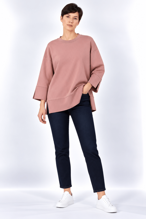 Örme Kol ve Yırtmaç Detaylı Tunik Sweatshirt-Gül