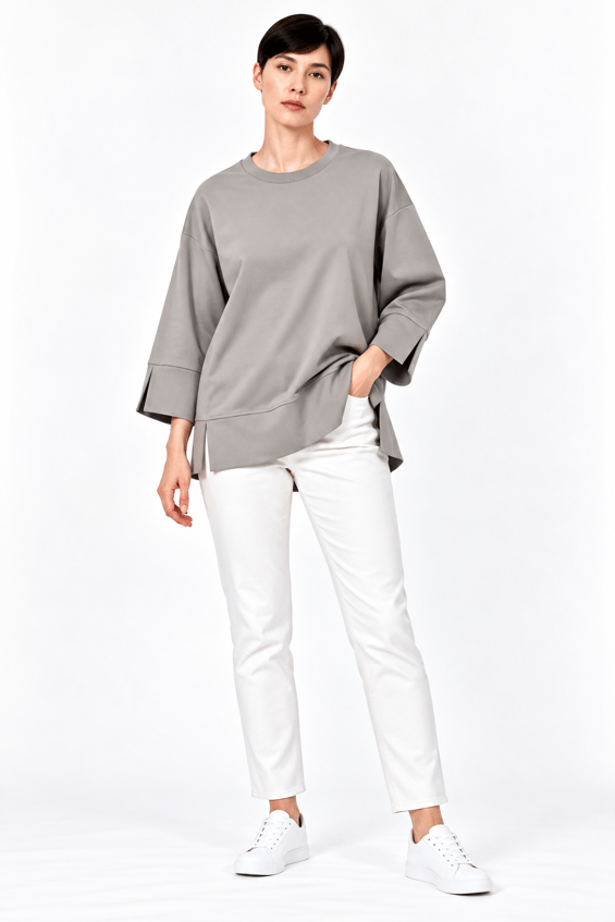 Örme Kol ve Yırtmaç Detaylı Tunik Sweatshirt-Gri
