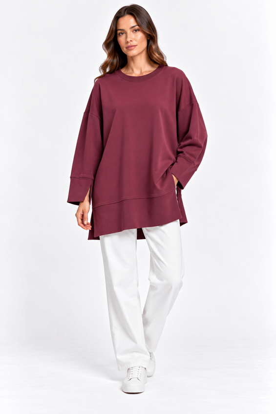 Örme Kol ve Yırtmaç Detaylı Tunik Sweatshirt-Bordo