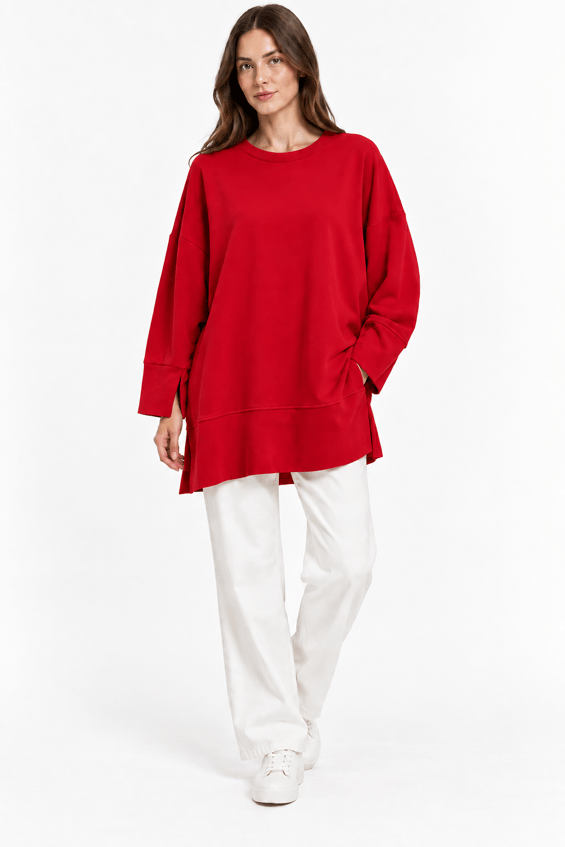 Örme Kol ve Yırtmaç Detaylı Tunik Sweatshirt-Kırmızı