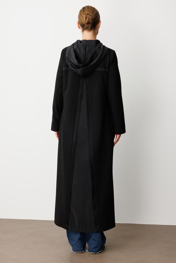 Trenchcoat/jas van poly-cupra crêpe textuurmix met mesh details - Zwart