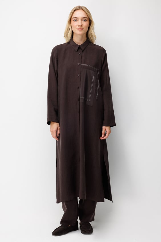 Premium Akıcı Kumaştan Kontrast Dikişli Midi Takım-Kahve