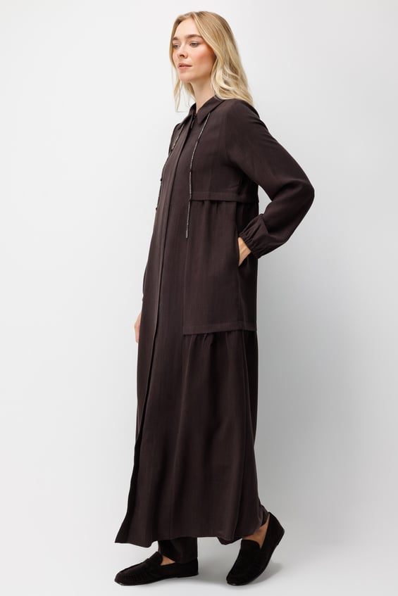 Premium Doğal Akıcı Büzgü Detalı Aksesuarlı Maxi Ferace-Kahve