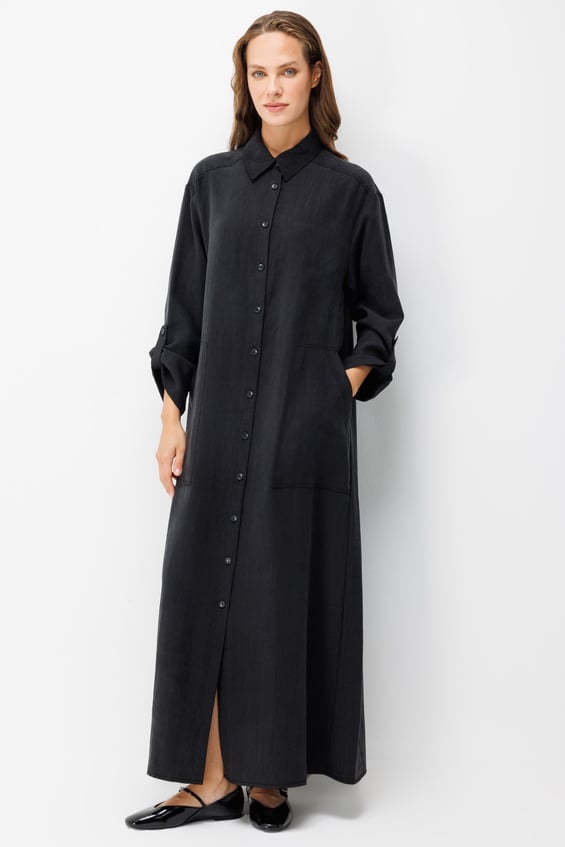 Premium Doğal Akıcı Kumaş Bsc Maxi Tunik Elbise-Siyah