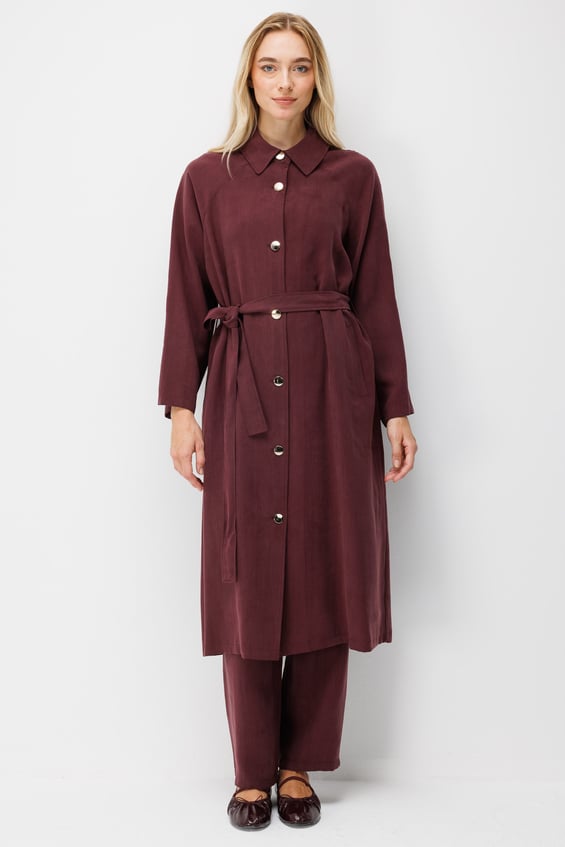 Premium Doğal ve Akıcı Kumaştan Reglan Kollu Düğmeli Midi Trenç-Bordo