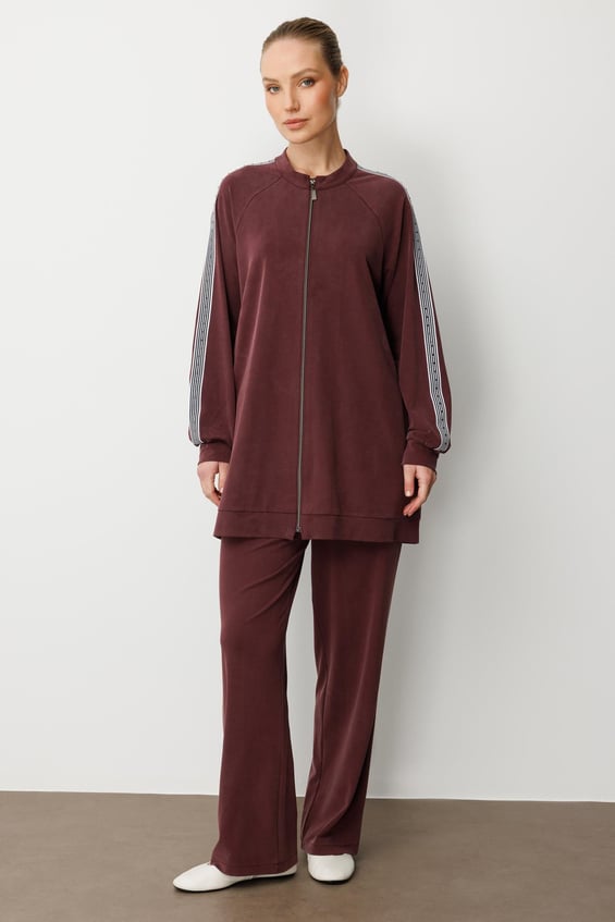 Soft Modal Knit (55% natural micel) Trimmed Detail Trouser Set - Burgundy