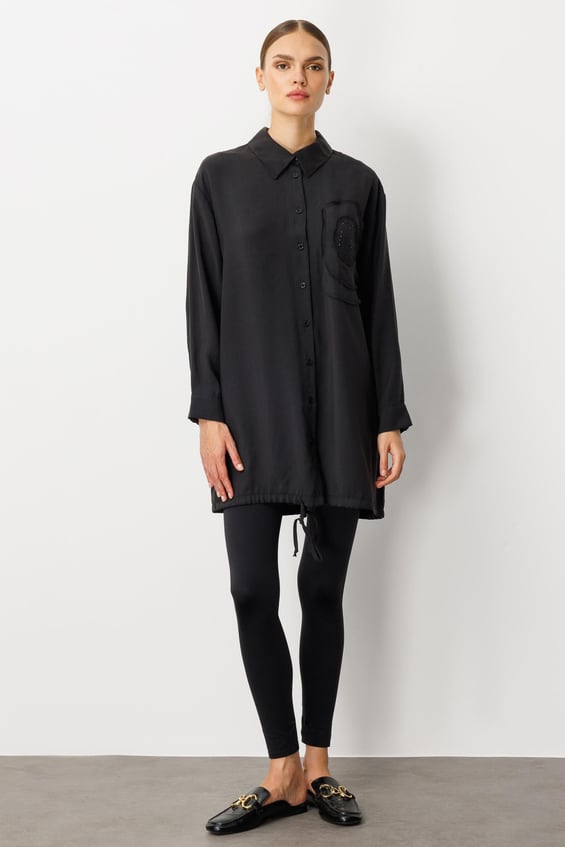 Soft Modal(%90) İçerikli Elişi Çiçek İşlemeli Tunik-Siyah