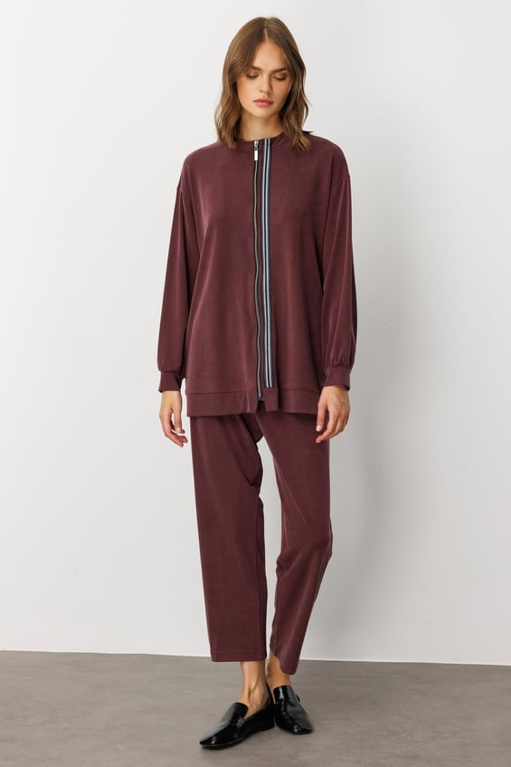 Soft Örme Miccell (%55 doğal) İçerik Dokuma Ön Garni Pantalon Kombin Takım-Bordo