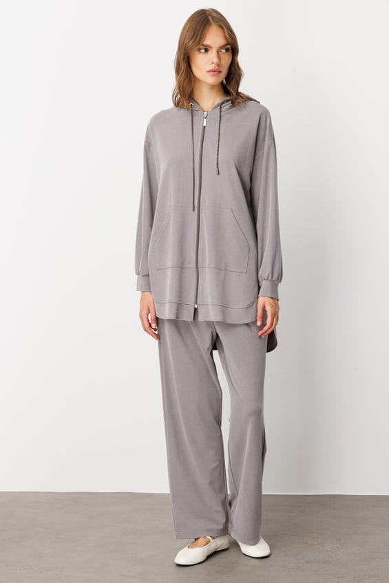 Soft Örme (miccell %55 doğal içerik) Elişi Detaylı  Pantalon Kombin Takım-Gri