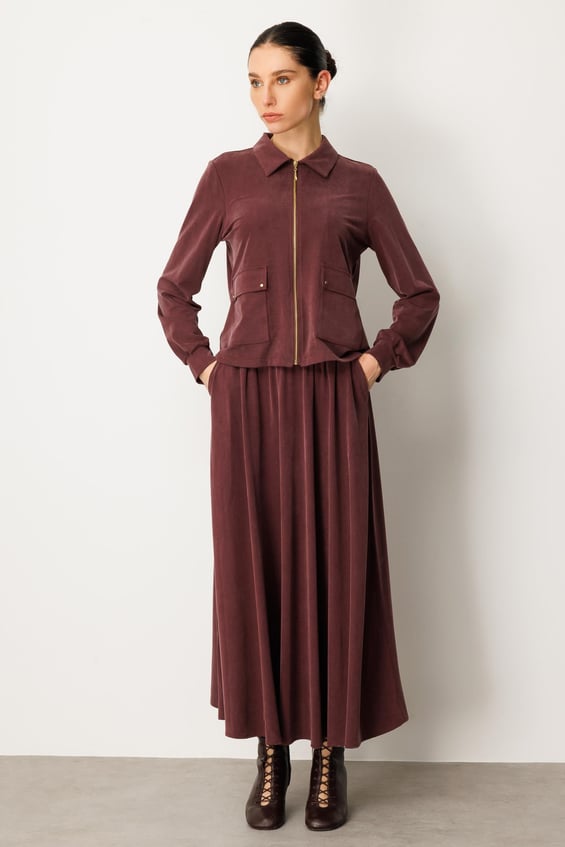 Set aus weichem Modal-Strickrock und -Jacke – Burgunderrot