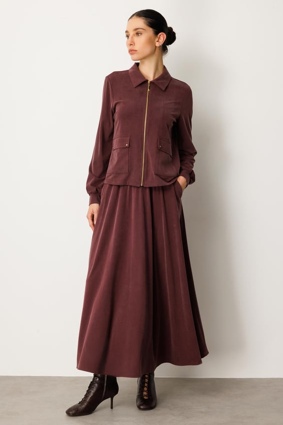 Set aus weichem Modal-Strickrock und -Jacke – Burgunderrot