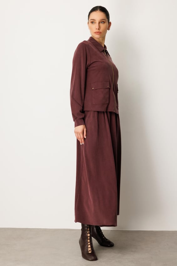 Set aus weichem Modal-Strickrock und -Jacke – Burgunderrot
