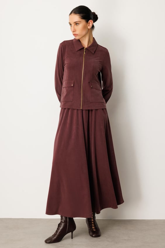 Set aus weichem Modal-Strickrock und -Jacke – Burgunderrot