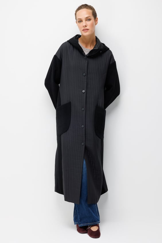 Wool-textured special poly viscose fabric and Ray Jacquard lining, ready-to-wear coat/jacket - Black