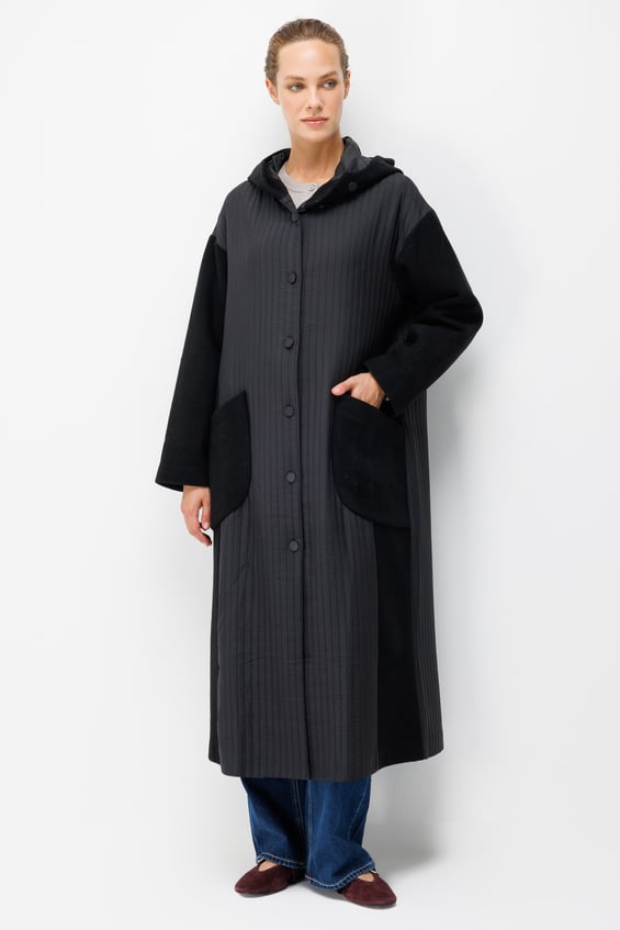 Wool-textured special poly viscose fabric and Ray Jacquard lining, ready-to-wear coat/jacket - Black