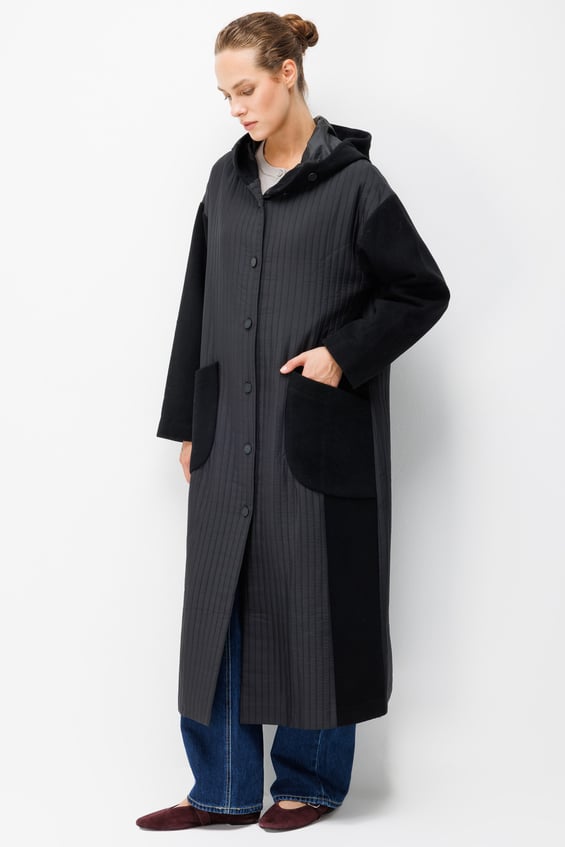 Wool-textured special poly viscose fabric and Ray Jacquard lining, ready-to-wear coat/jacket - Black