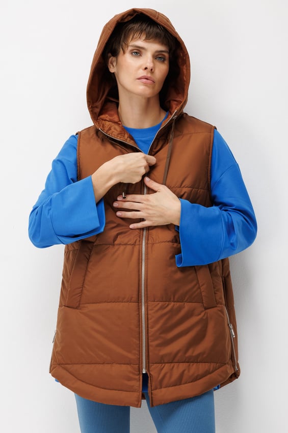 Zipper Yan ve Ön Özel Fermuar Detaylı Zamansız Yelek-KAHVE-1