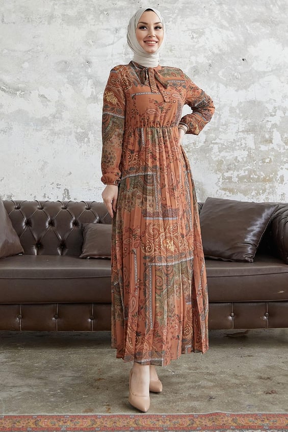 Viera Scarf Patterned Buttoned Neck Belted Chiffon Terracotta Dress