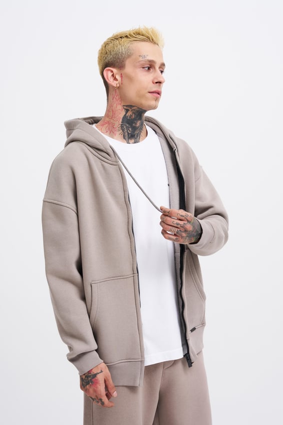 Erkek Basic Fermuarlı Cepli Kapüşonlu Oversize Soğuk Gri Sweatshirt