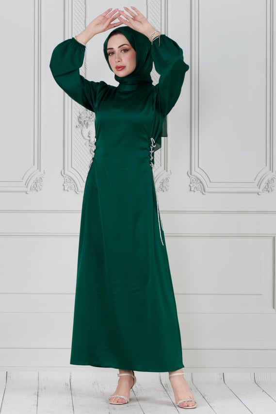 Satin evening dress - with straps studded with  stones-emerald green