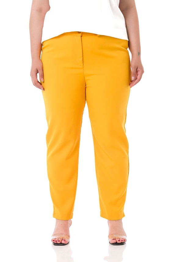 Plus Size Mustard Trousers with Elastic Waist Sides Zippered Leg Slits
