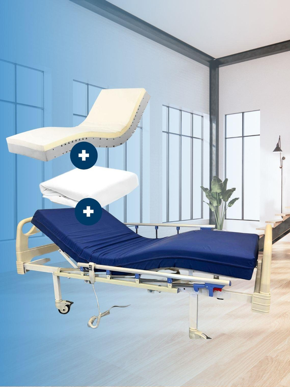 3 Motorized Abs Gun Patient Bed with Railings + 15 Cm Antibacterial Visco Mattress + Mattresses +