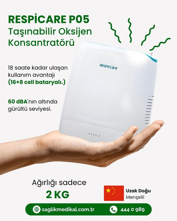 RESPİRCARE PO5 TAŞINABİLİR  OKSİJEN KONSANTRATÖRÜ (16+8 cell bataryalı)(12-18 saat kullanım süresi)