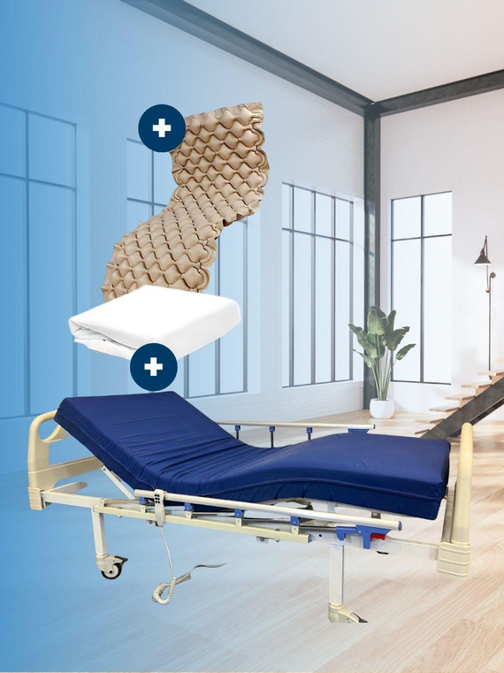 2 Motorlu Tabanca Korkuluklu Hasta Karyolası + Baklava Tipi Havalı Yatak + Alez