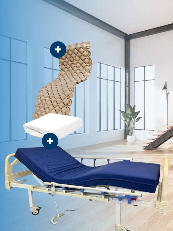 3 Motorlu Abs Tabanca Korkuluklu Hasta Karyolası + Baklava Tipi Havalı Yatak + Alez