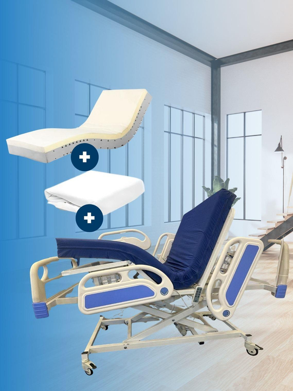 3 Motorlu Hasta Karyolası Full Abs Asansörlü + 15 Cm Antibakteriyel Visko Yatak + Alez