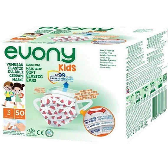 Evony Kids Elastik Kulaklıklı Cerrahi Çocuk Maskesi 50'li
