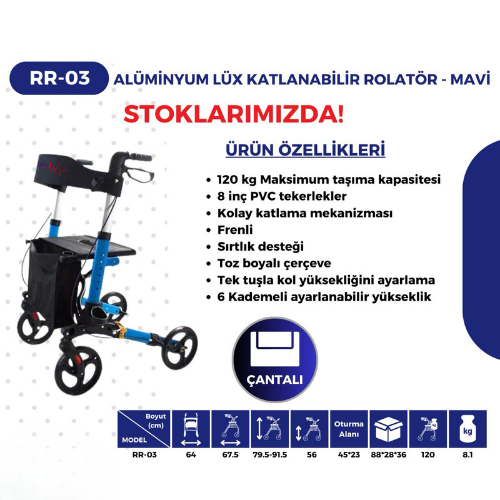 RESPİROX RR-03 4 TEKERLİ ROLATÖR SIRTLIKLI (8 İNÇ TEKER)