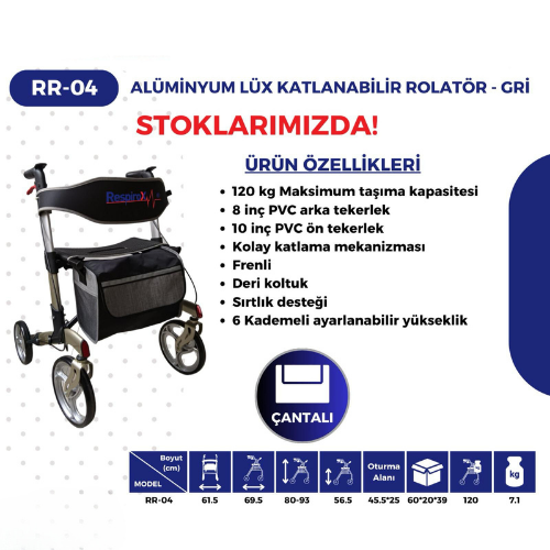 RESPİROX RR-04 4 TEKERLİ ROLATÖR SIRTLIKLI (8 İNÇ ARKA TEKER 10 İNÇ ÖN)