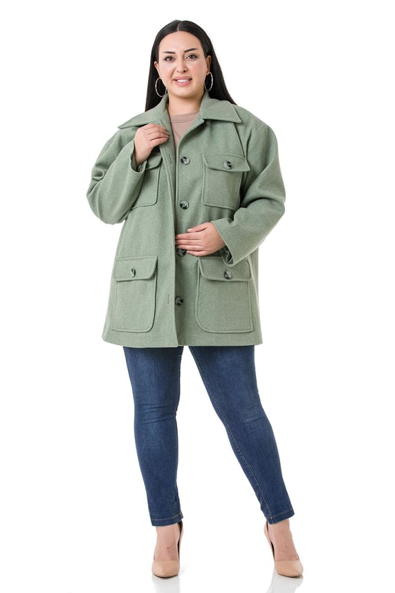 Plus Size Shirt Collar Covered Pockets Lined Green Stitched Overcoat