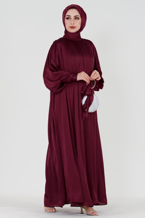Burgundy Modest Evening Gown with Detailed Cape and Pearl Sleeves