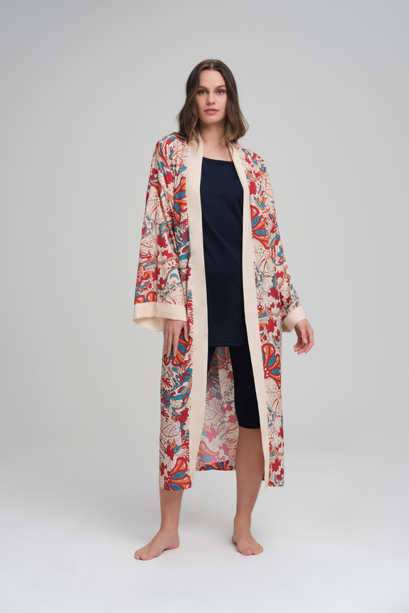 HaşemaHaşema Bej Renkli Desenli Kemerli Uzun Kimono