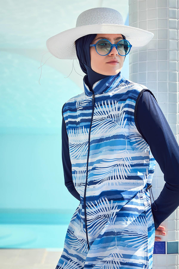 HaşemaHaşema Palm & Line Patterned Navy Full Coverage Swimsuit