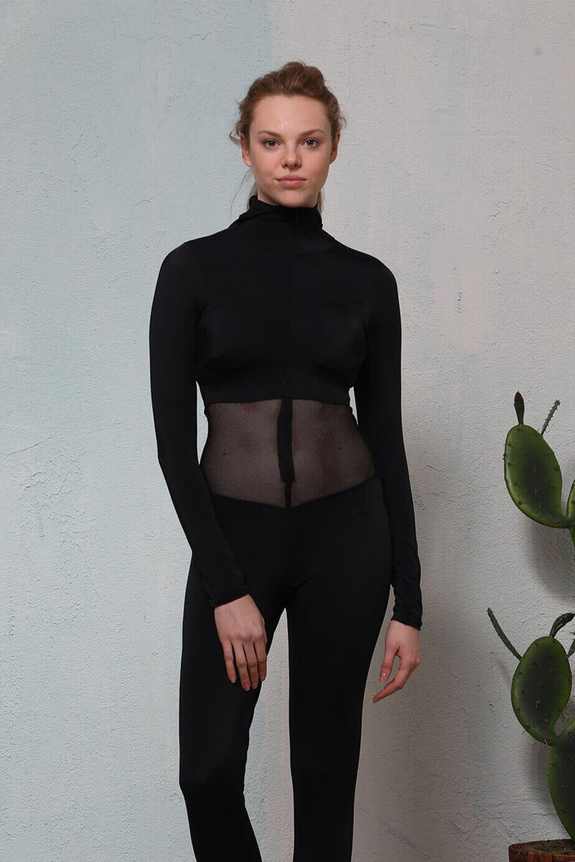 HaşemaFileli Siyah Kadın Yüzücü Tulum