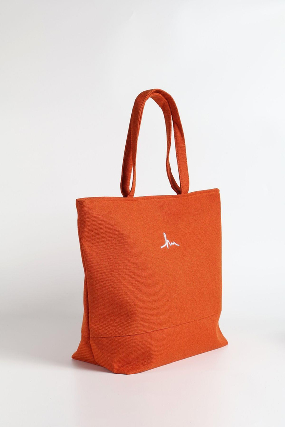 HaşemaHaşema حقيبة شاطئ برتقالية من الكتان لها شعار مطرز 21