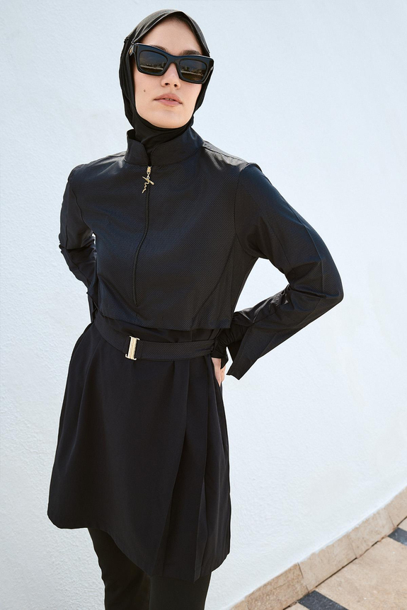 HaşemaHaşema طقم سباحة أسود من القماش المنسوج 5 قطع للمحجبات مع حزام ومشبك 5027