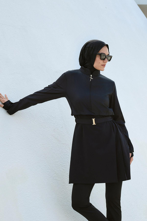 HaşemaHaşema طقم سباحة أسود من القماش المنسوج 5 قطع للمحجبات مع حزام ومشبك 5027