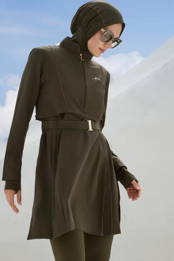 HaşemaHaşema Belt Buckle Detailed Khaki 5 Piece Full-Covered Modest Swimsuit Set 5017