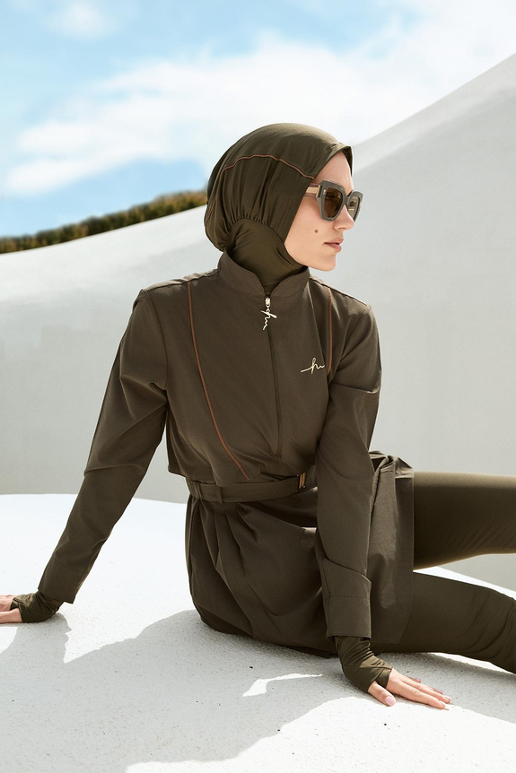 HaşemaHaşema Belt Buckle Detailed Khaki 5 Piece Full-Covered Modest Swimsuit Set 5017