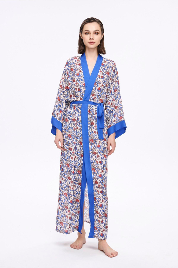 HaşemaHaşema Mavi Çiçek Desenli Uzun Kimono 5049