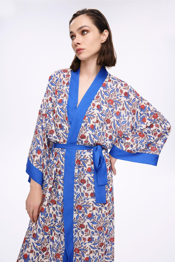 HaşemaHaşema Mavi Çiçek Desenli Uzun Kimono 5049