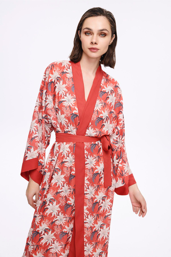 HaşemaHaşema Nar Çiçeği Kırmızı Çiçek Desenli Uzun Kimono 5040