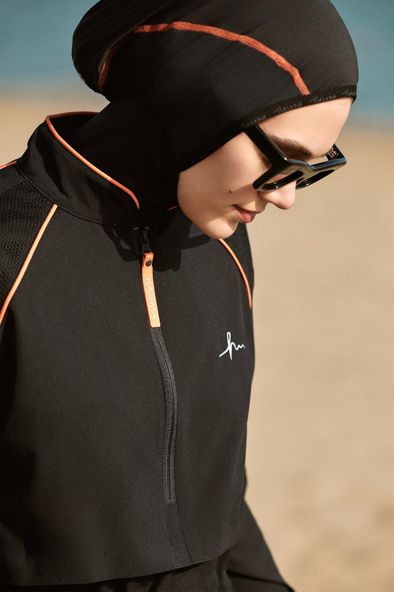 HaşemaHaşema طقم سباحة أسود بشريط برتقالي 5 قطع للمحجبات من سلسلة الأداء العالي 2019