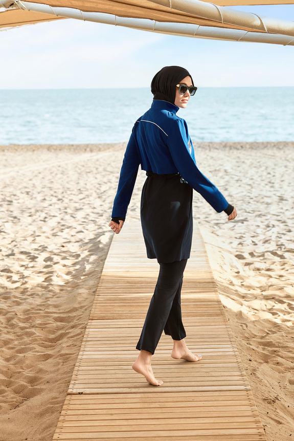 HaşemaHaşema طقم سباحة أزرق نيلي 5 قطع للمحجبات مع فيست من سلسلة Esila 5063